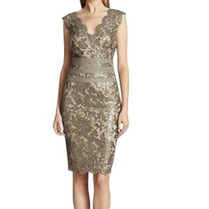 Tadashi Shoji Metallic Embellished Lace Sheath Dress in Smoke Platinum – Size 4